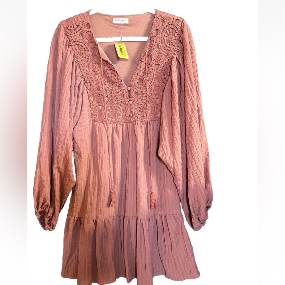Vestique Boutique Crochet Lace Tiered Mini Dress Pink Rose Color New Size L (PJ)
